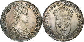 FRANCE, Royaume, Louis XIV (1643-1715), AR demi-écu à la mèche courte, 1650 D (sur 1640 ?), Lyon. D/ B. enfantin, l., dr. et cuir. à d. R/ Ecu de Fran...