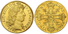 FRANCE, Royaume, Louis XIV (1643-1715), AV louis d'or à la tête virile, 1681 A, Paris. D/ T. nue à d. R/ Croix formée de huit L couronnés, cantonnée d...