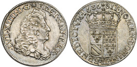 FRANCE, Royaume, Louis XIV (1643-1715), AR quart d'écu de Flandre, 1686 LL, Lille. D/ B. dr. à d., coiffé d'une longue perruque. R/ Ecu couronné, écar...