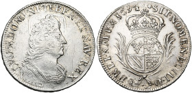FRANCE, Royaume, Louis XIV (1643-1715), AR demi-écu de Flandre aux palmes, 1694 W, Lille. 2e réformation. D/ B. cuir. à d. R/ Ecu rond couronné entre ...