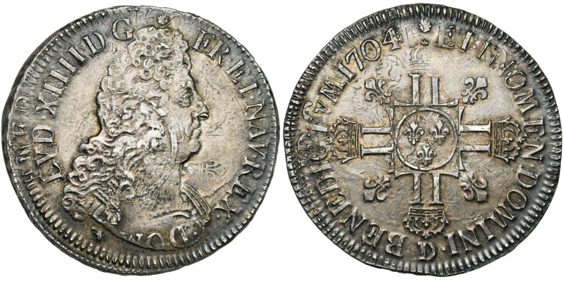 FRANCE, Royaume, Louis XIV (1643-1715), AR écu aux huit L, 1704 D, Lyon. 2e type...