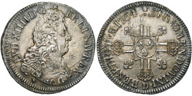 FRANCE, Royaume, Louis XIV (1643-1715), AR écu aux huit L, 1704 D, Lyon. 2e type. 4e réformation. D/ B. à d., cuirassé à l'antique. R/ Croix formée de...