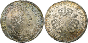 FRANCE, Royaume, Louis XIV (1643-1715), AR écu aux trois couronnes, 1709 G, Poitiers. D/ B. cuir. à d. R/ Trois couronnes posées en triangle, séparées...