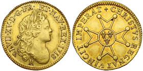 FRANCE, Royaume, Louis XV (1715-1774), AV louis d'or à la croix du Saint-Esprit, 1718 R, Orléans. Dit "à la croix de Malte". D/ T. laurée à d. R/ Croi...