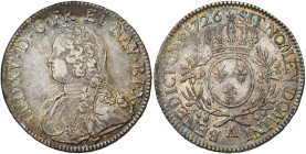 FRANCE, Royaume, Louis XV (1715-1774), AR écu aux rameaux d'olivier, 1726 A, Paris. D/ B. habillé à g., décoré de la croix du Saint-Esprit. R/ Ecu de ...