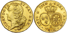 FRANCE, Royaume, Louis XV (1715-1774), AV double louis d'or au bandeau, 1750 E, Tours. Seulement 1372 p. frappées. D/ T. à g., ceinte d'un bandeau. R/...