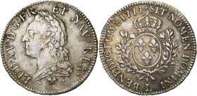 FRANCE, Royaume, Louis XV (1715-1774), AR écu à la vieille tête, 1774 L, Bayonne. D/ T. l. à g. R/ Ecu de France couronné, entre deux rameaux d'olivie...