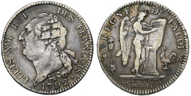 FRANCE, Constitution (1791-1792), AR écu constitutionnel, 1792 A, an 4, Paris. Type FRANÇOIS. D/ T. nue à g., les cheveux noués par un ruban. R/ Génie...