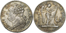 FRANCE, Constitution (1791-1792), AR demi-écu constitutionnel, 1792 A, an 4, Paris. Type FRANÇOIS. D/ T. nue à g., les cheveux noués par un ruban. R/ ...