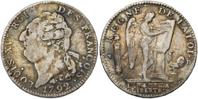 FRANCE, Constitution (1791-1792), AR écu constitutionnel, 1792 D, an 4, Lyon. 2e semestre. Type FRANÇOIS. D/ T. nue à g., les cheveux noués par un rub...