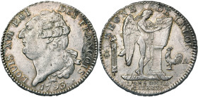 FRANCE, Convention (1792-1795), AR écu constitutionnel, 1793 A, an 5, Paris. Type FRANÇOIS. D/ T. nue à g., les cheveux noués par un ruban. R/ Génie i...
