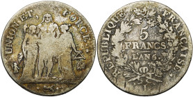 FRANCE, Directoire (1795-1799), AR 5 francs, an 6 (sur 5) L, Bayonne. Union et Force. Gad. 563. Rare.

Beau / Fine