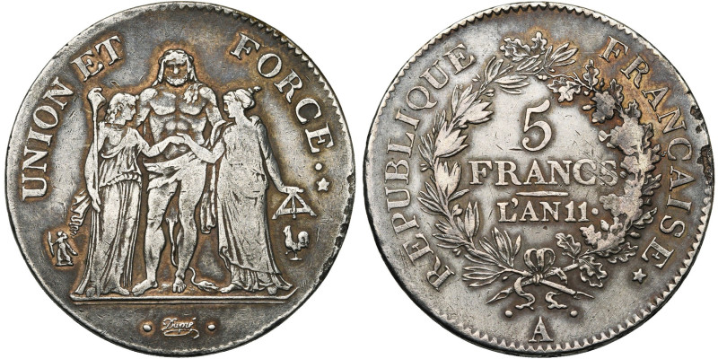 FRANCE, Consulat (1799-1804), AR 5 francs, an 11 A, Paris. Union et Force. Gad. ...