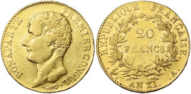 FRANCE, Consulat (1799-1804), AV 20 francs, an XI A, Paris. Bonaparte Premier Consul. Gad. 1020; Fr. 480.

Très Beau / Very Fine