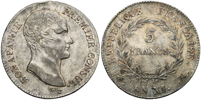 FRANCE, Consulat (1799-1804), AR 5 francs, an XI MA, Marseille. Gad. 577. Légère...