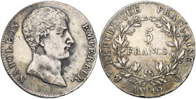 FRANCE, Napoléon Ier (1804-1814), AR 5 francs, an 12 Q, Perpignan. Gad. 579. Rare. Coups sur la tranche. Taches au droit.

presque Très Beau / about...