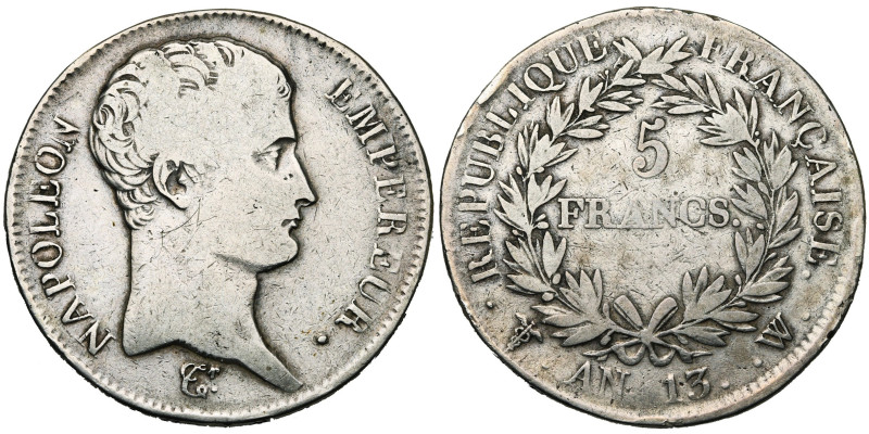 FRANCE, Napoléon Ier (1804-1814), AR 5 francs, an 13 W, Lille. Gad. 580. Rare.
...