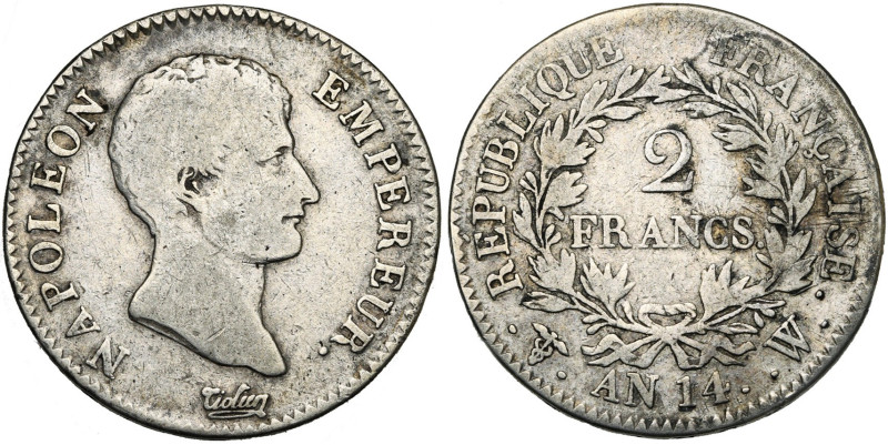 FRANCE, Napoléon Ier (1804-1814), AR 2 francs, an 14 W, Lille. Gad. 495. Très ra...