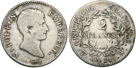 FRANCE, Napoléon Ier (1804-1814), AR 2 francs, an 14 W, Lille. Gad. 495. Très rare.

Beau / Fine