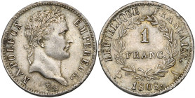 FRANCE, Napoléon Ier (1804-1814), AR 1 franc, 1808 A, Paris. Gad. 446. Petites taches.

Très Beau à Superbe / Very Fine - Extremely Fine