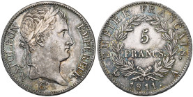 FRANCE, Napoléon Ier (1804-1814), AR 5 francs, 1811 A, Paris. Gad. 584. Patine colorée.

Très Beau à Superbe / Very Fine - Extremely Fine