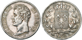 FRANCE, Charles X (1824-1830), AR 5 francs, 1825 I, Limoges. Gad. 643; Dav. 88. Légèrement nettoyé.

Très Beau / Very Fine