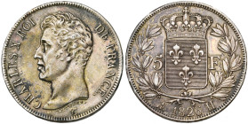 FRANCE, Charles X (1824-1830), AR 5 francs, 1826 H, La Rochelle. Gad. 643. Petites taches.

Très Beau à Superbe / Very Fine - Extremely Fine