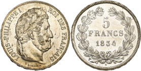 FRANCE, Louis-Philippe (1830-1848), AR 5 francs, 1834 W, Lille. Gad. 678. Fines griffes et petites taches.

Superbe à Fleur de Coin / Extremely Fine...