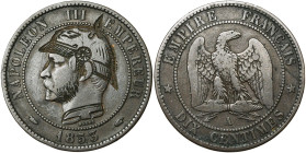 FRANCE, Napoléon III (1852-1870), Cu 10 centimes satirique, 1853 A, Paris. Le droit regravé au portrait de Guillaume Ier, avec casque à pointe. Griffe...