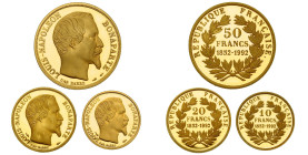 FRANCE, Cinquième République (1959-), écrin de 3 p. en or: 10 francs, 20 francs et 50 francs 1992, au type Louis-Napoléon Bonaparte de 1852. Qualité "...