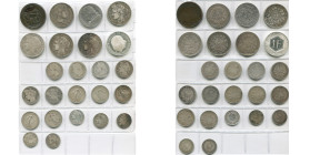 FRANCE, lot de 24 p.: Constitution, 5 sols au serment, 1792; Napoléon Ier, 5 francs 1811 W; Louis XVIII, 5 francs 1814 A; Deuxième République, 5 franc...