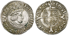 GRANDE-BRETAGNE, Henri VIII (1509-1547), AR groat, 1526-1544, Londres. 2e monnayage. Différent: rose. D/ B. cour. et cuir. à d. R/ Ecu d'Angleterre-Fr...