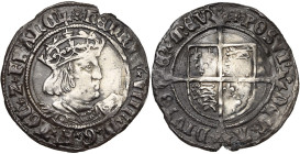 GRANDE-BRETAGNE, Henri VIII (1509-1547), AR groat, 1526-1544, Londres. 2e monnayage. Différent: rose. D/ B. cour. et cuir. à d. R/ Ecu d'Angleterre-Fr...