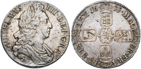 GRANDE-BRETAGNE, Guillaume III (1694-1702), AR couronne, 1695. Tranche SEPTIMO. D/ B. l., dr. et cuir. à d. R/ Croix formée des écus couronnés d'Angle...