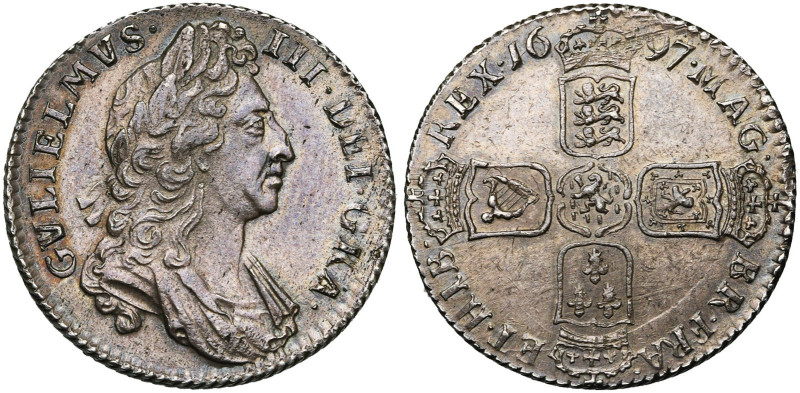 GRANDE-BRETAGNE, Guillaume III (1694-1702), AR shilling, 1697. 1er buste. D/ B. ...