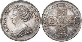 GRANDE-BRETAGNE, Anne (1702-1714), AR shilling, 1708. 3e buste. D/ B. dr. à g. R/ Croix formée des écus couronnés d'Angleterre-Ecosse, France et Irlan...