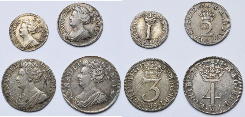 GRANDE-BRETAGNE, Anne (1702-1714), AR maundy set (4 p.: 1, 2, 3 et 4 pence), 171...