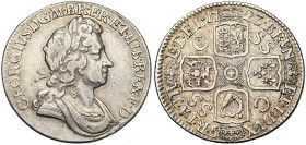 GRANDE-BRETAGNE, Georges Ier (1714-1727), AR shilling, 1723. 2e buste. D/ B. l., dr. et cuir. à d. R/ Croix formée de quatre écus couronnés, cantonnée...