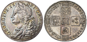 GRANDE-BRETAGNE, Georges II (1727-1760), AR shilling, 1745. Buste âgé. D/ B. l., dr. et cuir. à g. En dessous, LIMA. R/ Quatre écus couronnés, posés e...