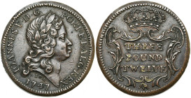 GRANDE-BRETAGNE, Georges II (1727-1760), Cu poids monétaire (three pound twelve), 1747, Londres (I. Kirk F. sur la tranche). Au type de la dobra de Je...