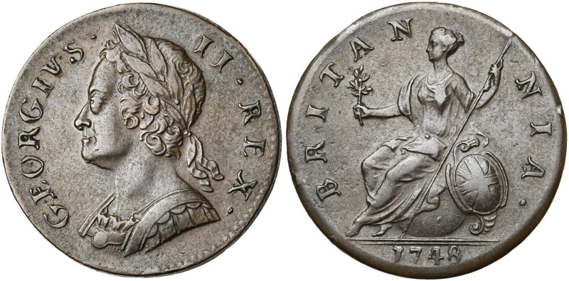 GRANDE-BRETAGNE, Georges II (1727-1760), AV halfpenny, 1748. D/ B. l. et cuir. à...