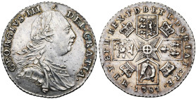 GRANDE-BRETAGNE, Georges III (1760-1820), AR shilling, 1787. Avec semée de coeurs dans l'écusson de Hannovre. D/ B. lauré, cuir. et dr. à d. R/ Quatre...