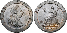 GRANDE-BRETAGNE, Georges III (1760-1820), Cu penny, 1797. Cartwheel. D/ B. l., dr. et cuir. à d. R/ Britannia assise à g., ten. une lance et un rameau...