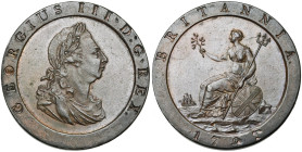 GRANDE-BRETAGNE, Georges III (1760-1820), Cu penny, 1797. Cartwheel. D/ B. l., dr. et cuir. à d. R/ Britannia assise à g., ten. une lance et un rameau...