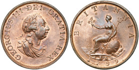 GRANDE-BRETAGNE, Georges III (1760-1820), AR halfpenny, 1799. D/ B. l. et dr. à d. R/ Britannia assise à g. sur un rivage, ten. un rameau et un triden...