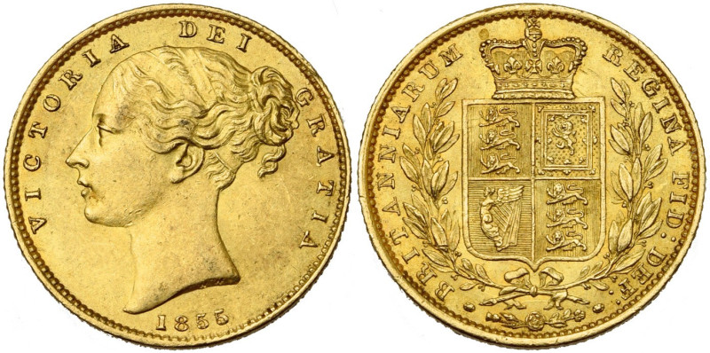 GRANDE-BRETAGNE, Victoria (1837-1901), AV souverain à l'écu, 1855. WW incus. S. ...