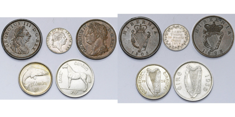 IRLANDE, lot de 5 p.: Georges III, penny, 1805; 10 pence, 1813, Bank token; Geor...