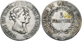 ITALIE, LUCQUES et PIOMBINO, Elisa et Félix (1805-1814), AR 5 franchi, 1807. M. 437; Dav. 203. Léger défaut de flan sur la tranche.

Très Beau / Ver...