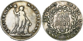 ITALIE, NAPLES, Repubblica Napoletana (1799), AR 12 carlini, an 7. D/ La République deb. à d., ten. une hache de licteur et le bonnet de la liberté su...