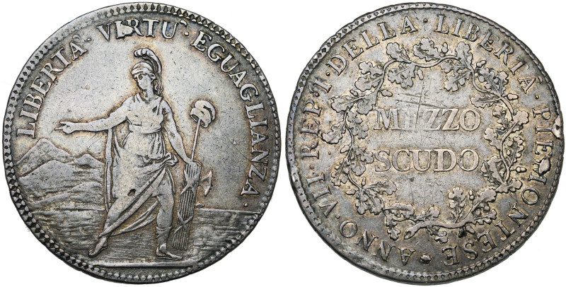 ITALIE, REPUBLIQUE PIEMONTAISE, (1798-1799), AR mezzo scudo, an VII (1799), Turi...